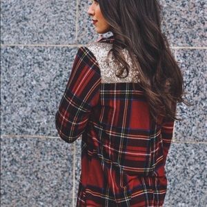 PinkBlush red plaid tunic with gold sequin accent